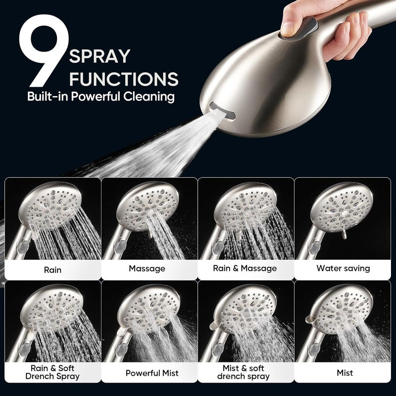 Cobbe High Pressure Shower Head with Built-in Pause Button, 9-Function Detachable Showerhead with Handheld Brass Swivel Bracket & Stainless Steel Hose, Water Saving 1-Click Stop, Brushed Nickel - Image 2